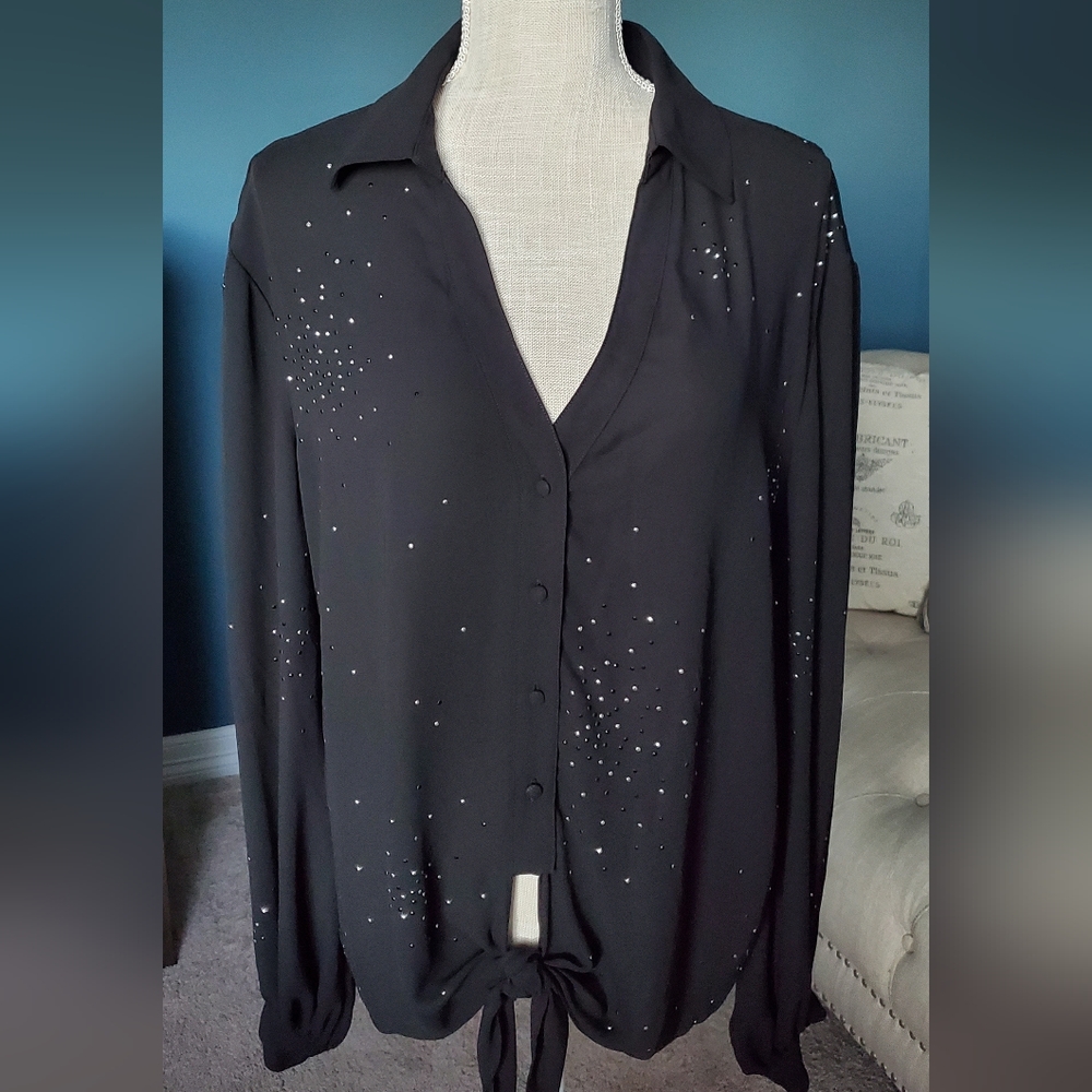 Silky Chiffon Blouse with Petite Rhinestone Embellishments